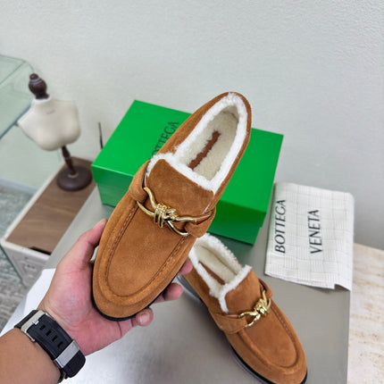 BOTTEGA VENETA 26S LOAFERS IN BROWN SUEDE AND WHITE WOOL WITH GOLD HARDWARE