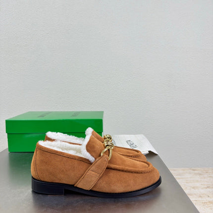 BOTTEGA VENETA 26S LOAFERS IN BROWN SUEDE AND WHITE WOOL WITH GOLD HARDWARE