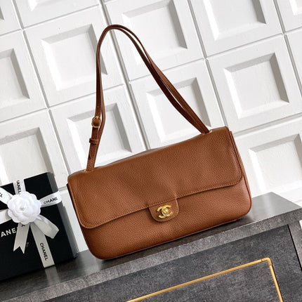 CHANEL 26S SOUPLISSIMO MAXI FLAP MEDIUM 32 IN CARAMEL BROWN GRAINED CALFSKIN GOLD HARDWARE