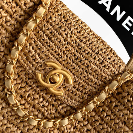 CHANEL 26S TOP HANDLE BAG 19 IN NATURAL RAFFIA AND CALFSKIN GOLD HARDWARE