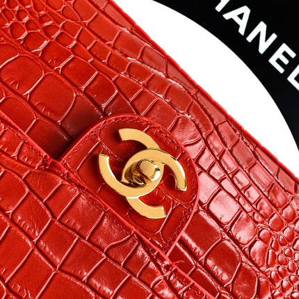 CHANEL 26S SOUPLISSIMO MAXI FLAP MEDIUM 32 IN RED CROCODILE-EMBOSSED CALFSKIN GOLD HARDWARE