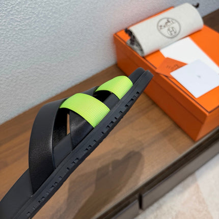 HM 26S KAZIMIR SANDAL IN BLACK CALFSKIN AND LIME GREEN FABRIC