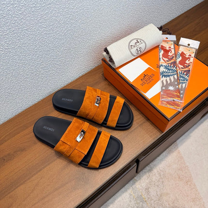 HM 26S KELLY BUCKLE DOUBLE STRAP SANDALS IN BURNT ORANGE SUEDE SILVER HARDWARE