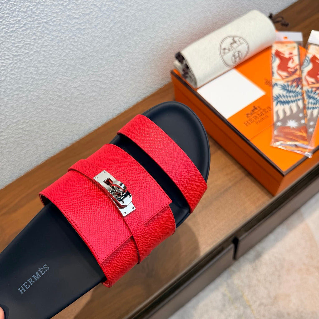 HM 26S KELLY BUCKLE DOUBLE STRAP SANDALS IN RED CALFSKIN