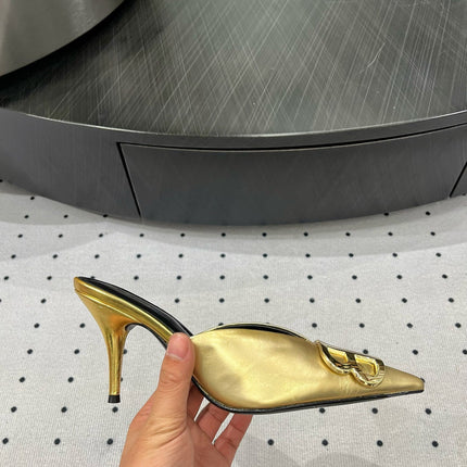 POINTED BB GOLD BUCKLE HEELED SLINGBACK IN GOLD METALLIC SHINY CALFSKIN