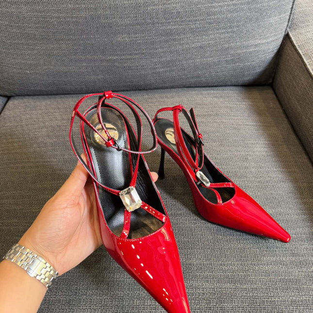 HIGH SANDAL ATTACHED GEM IN RED GLOSSY CALFSKIN