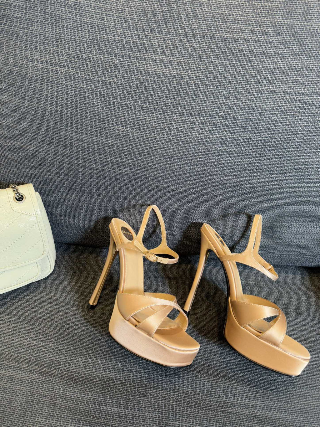 YSL 26S CROSS-STRAP SANDALS 150 MM IN NUDE SATIN