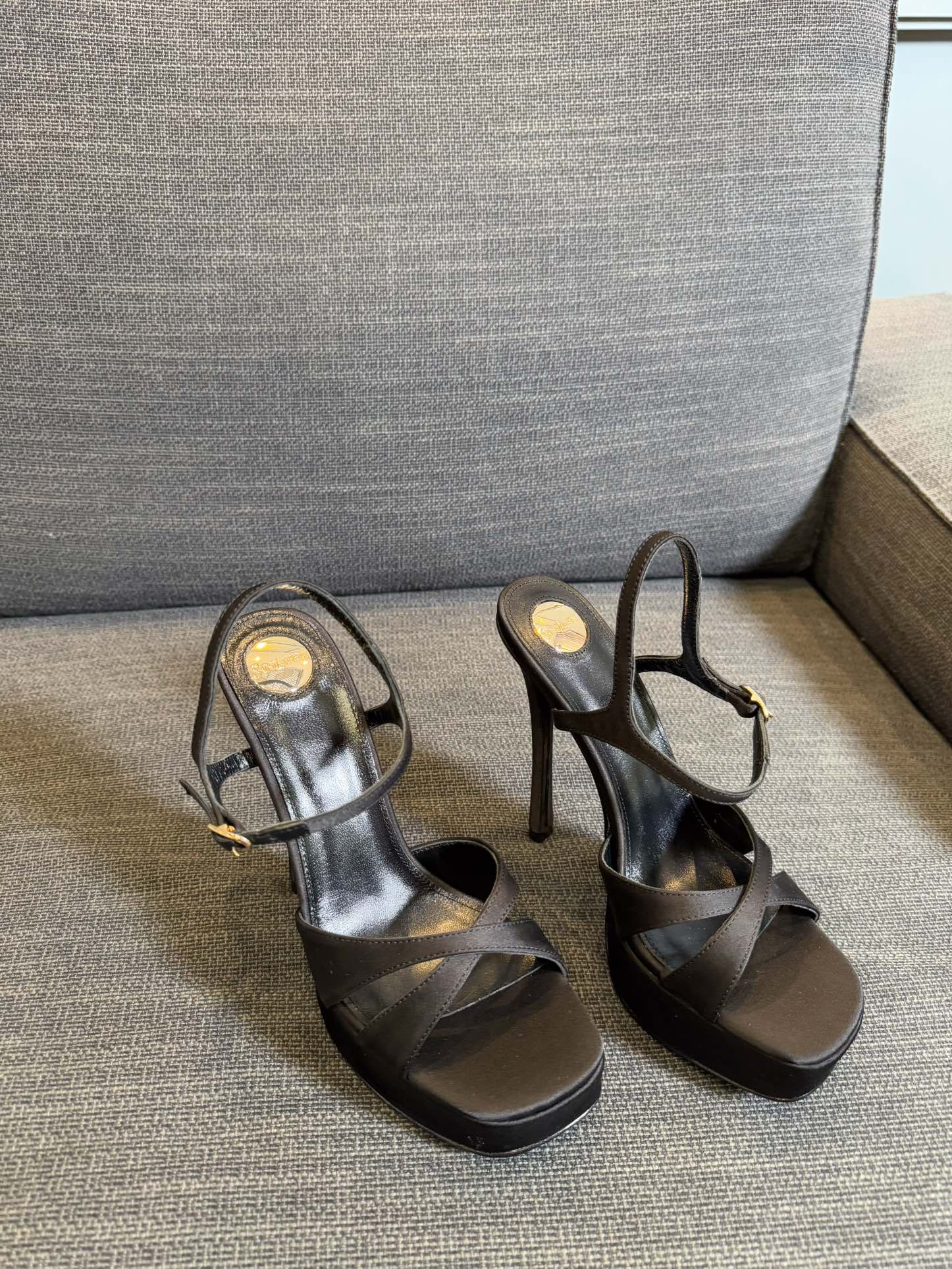 YSL 26S CROSS-STRAP SANDALS 150 MM IN BLACK SATIN