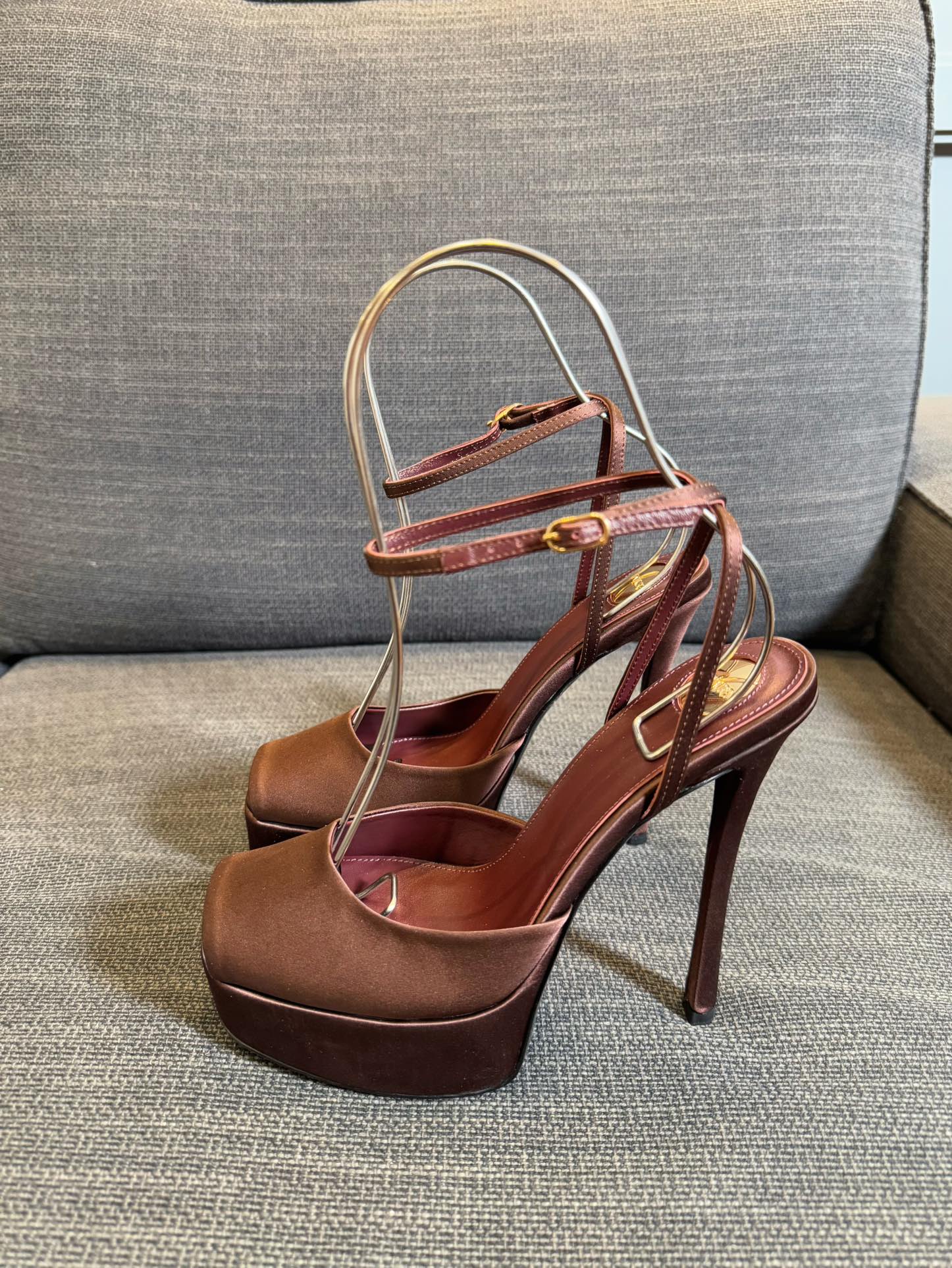 YSL 26S PLATFORM SANDALS 150 MM IN BROWN SATIN