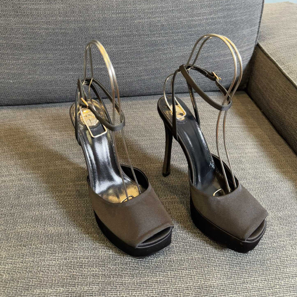 YSL 26S PLATFORM SANDALS 150 MM IN TAUPE AND BLACK SATIN