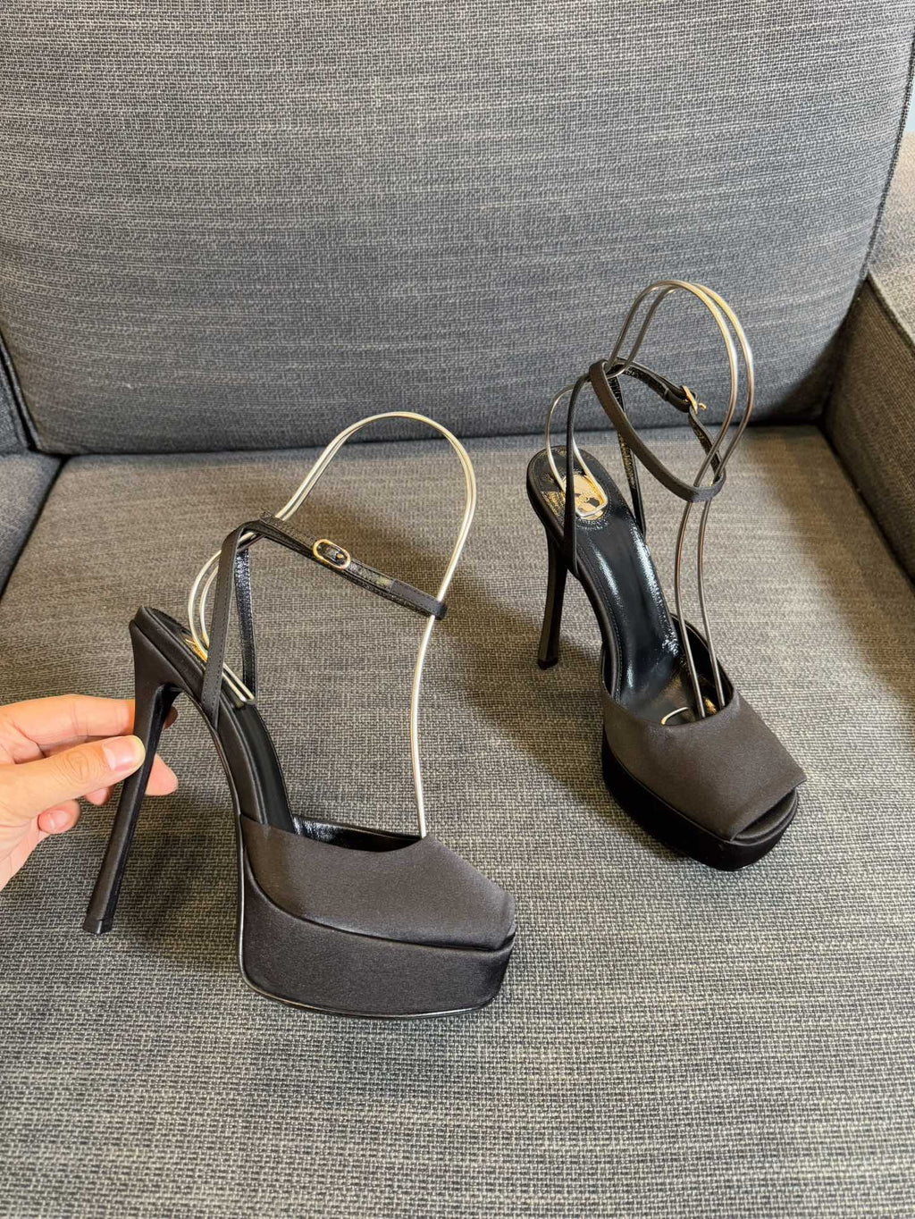 YSL 26S PLATFORM SANDALS 150 MM IN TAUPE AND BLACK SATIN