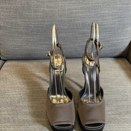 YSL 26S PLATFORM SANDALS 150 MM IN TAUPE AND BLACK SATIN