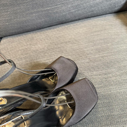 YSL 26S PLATFORM SANDALS 150 MM IN TAUPE AND BLACK SATIN