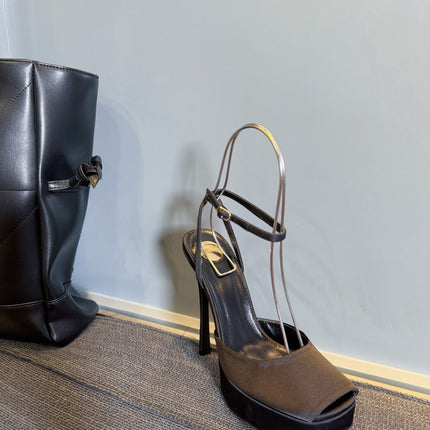 YSL 26S PLATFORM SANDALS 150 MM IN TAUPE AND BLACK SATIN