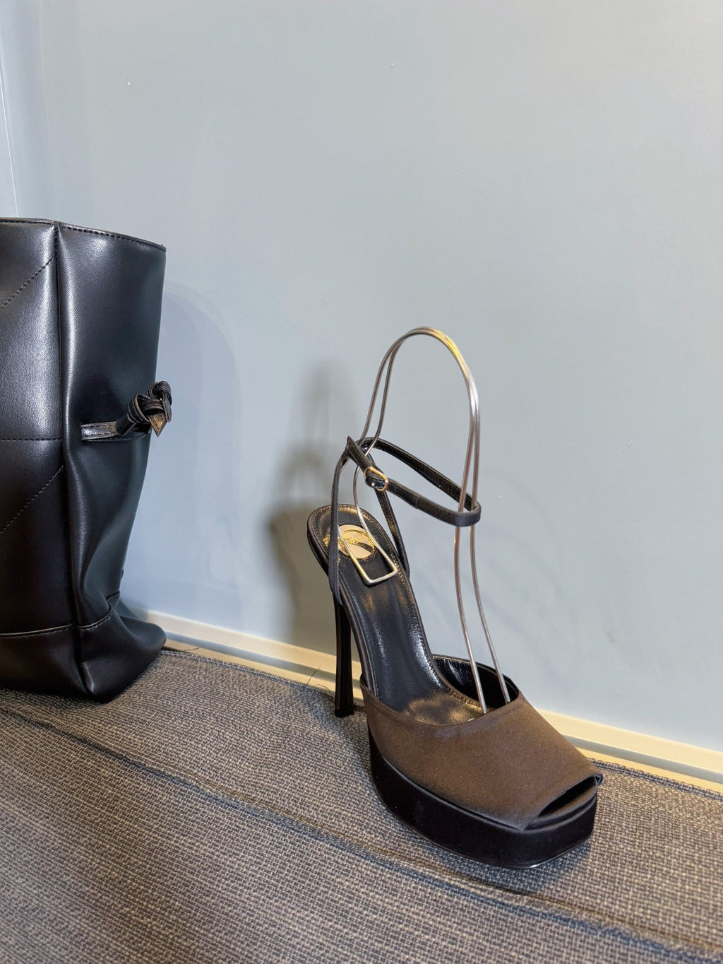 YSL 26S PLATFORM SANDALS 150 MM IN TAUPE AND BLACK SATIN
