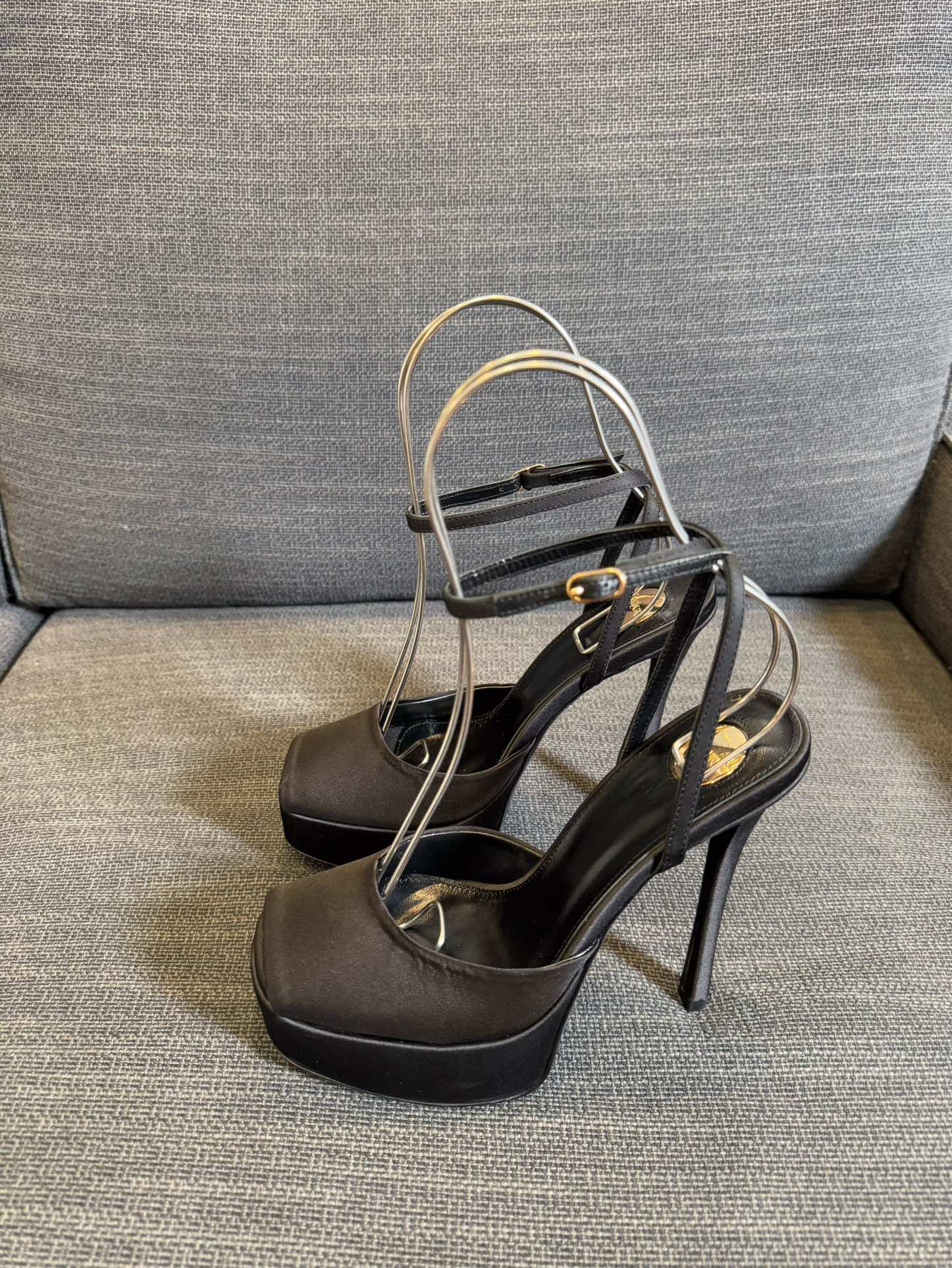 YSL 26S PLATFORM SANDALS 150 MM IN TAUPE AND BLACK SATIN