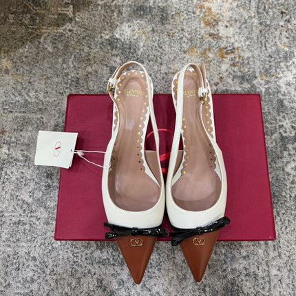 VALENTINO 26S BOW SLINGBACKS 75 MM IN WHITE AND BROWN CALFSKIN