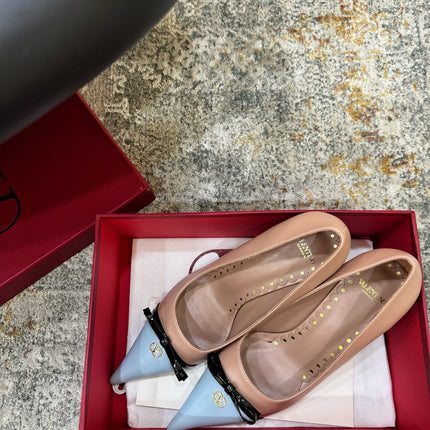 VALENTINO 26S BOW HIGH HEELS 75 MM IN NUDE AND LIGHT BLUE CALFSKIN