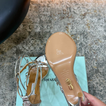 AQUAZZURA 26S BUTTERFLY SANDALS 95 MM IN SILVER CALFSKIN