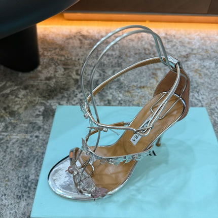 AQUAZZURA 26S BUTTERFLY SANDALS 95 MM IN SILVER CALFSKIN