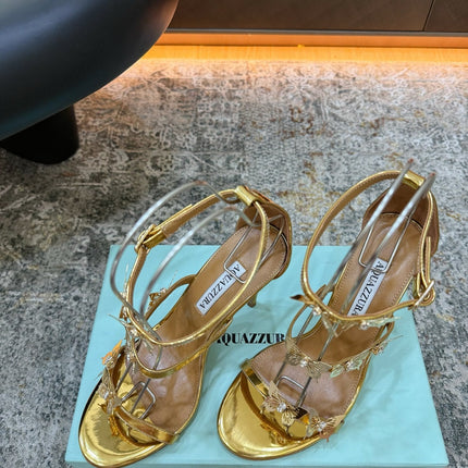 AQUAZZURA 26S BUTTERFLY SANDALS 95 MM IN GOLD CALFSKIN
