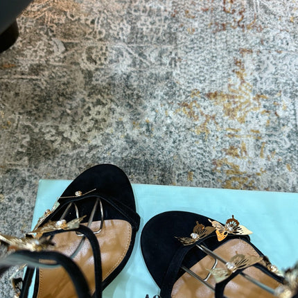 AQUAZZURA 26S BUTTERFLY SANDALS 95 MM IN BLACK SUEDE 