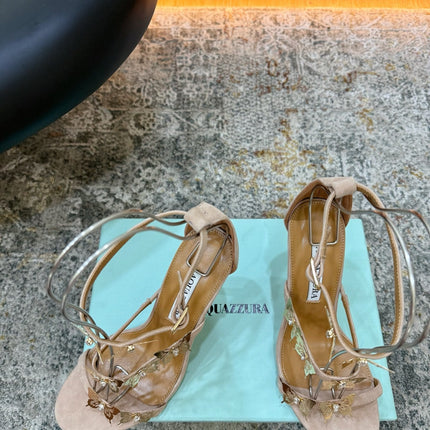 AQUAZZURA 26S BUTTERFLY SANDALS 95 MM IN BEIGE SUEDE 