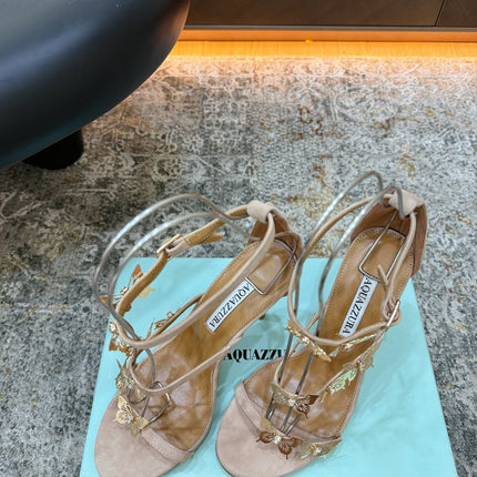 AQUAZZURA 26S BUTTERFLY SANDALS 95 MM IN BEIGE SUEDE 