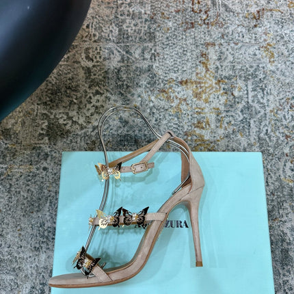 AQUAZZURA 26S BUTTERFLY SANDALS 95 MM IN BEIGE SUEDE 