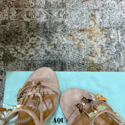 AQUAZZURA 26S BUTTERFLY SANDALS 95 MM IN BEIGE SUEDE 
