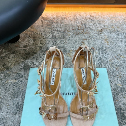 AQUAZZURA 26S BUTTERFLY SANDALS 95 MM IN BEIGE SUEDE 
