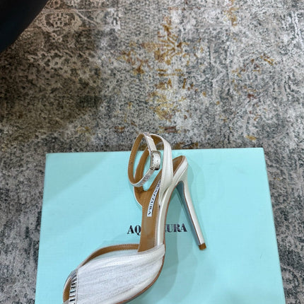 AQUAZZURA 26S PEEP-TOE SANDALS 100 MM IN WHITE MESH AND SATIN