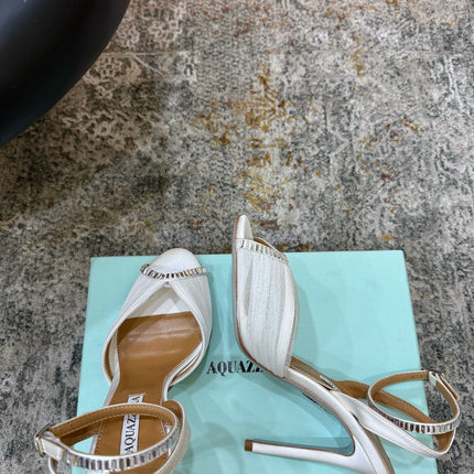 AQUAZZURA 26S PEEP-TOE SANDALS 100 MM IN WHITE MESH AND SATIN