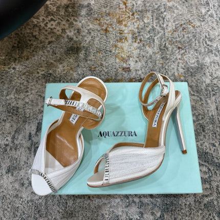 AQUAZZURA 26S PEEP-TOE SANDALS 100 MM IN WHITE MESH AND SATIN
