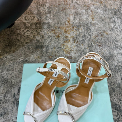 AQUAZZURA 26S PEEP-TOE SANDALS 100 MM IN WHITE MESH AND SATIN