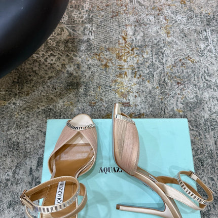AQUAZZURA 26S PEEP-TOE SANDALS 100 MM IN BEIGE MESH AND SATIN