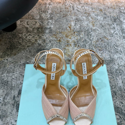 AQUAZZURA 26S PEEP-TOE SANDALS 100 MM IN BEIGE MESH AND SATIN