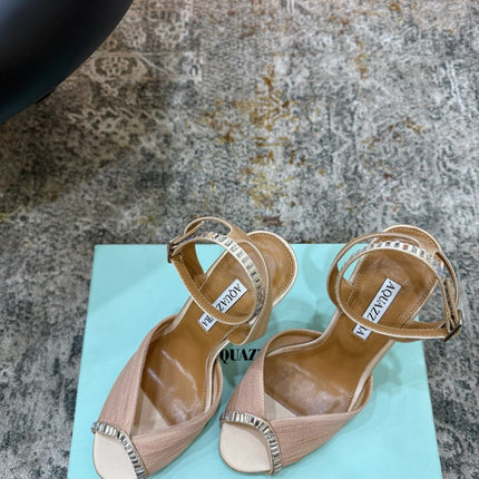 AQUAZZURA 26S PEEP-TOE SANDALS 100 MM IN BEIGE MESH AND SATIN