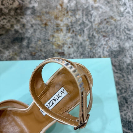 AQUAZZURA 26S PEEP-TOE SANDALS 100 MM IN BEIGE MESH AND SATIN