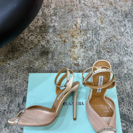 AQUAZZURA 26S PEEP-TOE SANDALS 100 MM IN BEIGE MESH AND SATIN