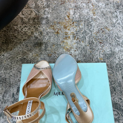 AQUAZZURA 26S PEEP-TOE SANDALS 100 MM IN BEIGE MESH AND SATIN