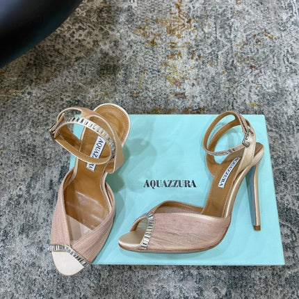 AQUAZZURA 26S PEEP-TOE SANDALS 100 MM IN BEIGE MESH AND SATIN