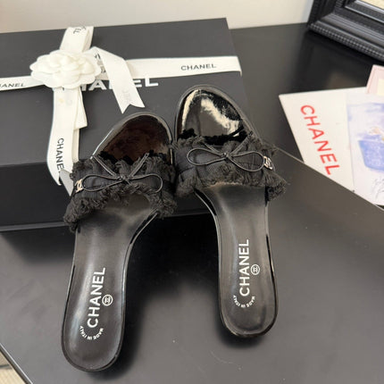 BLACK GROSGRAIN CANVAS BOW MULE SANDALS 65 MM