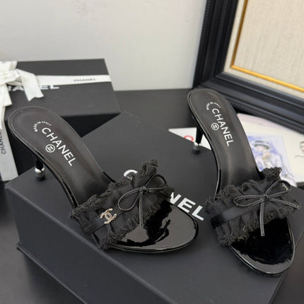 BLACK GROSGRAIN CANVAS BOW MULE SANDALS 90 MM