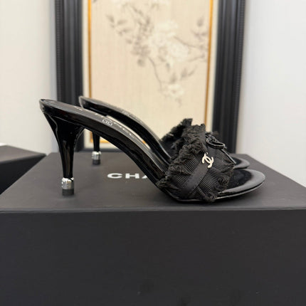 BLACK GROSGRAIN CANVAS BOW MULE SANDALS 90 MM
