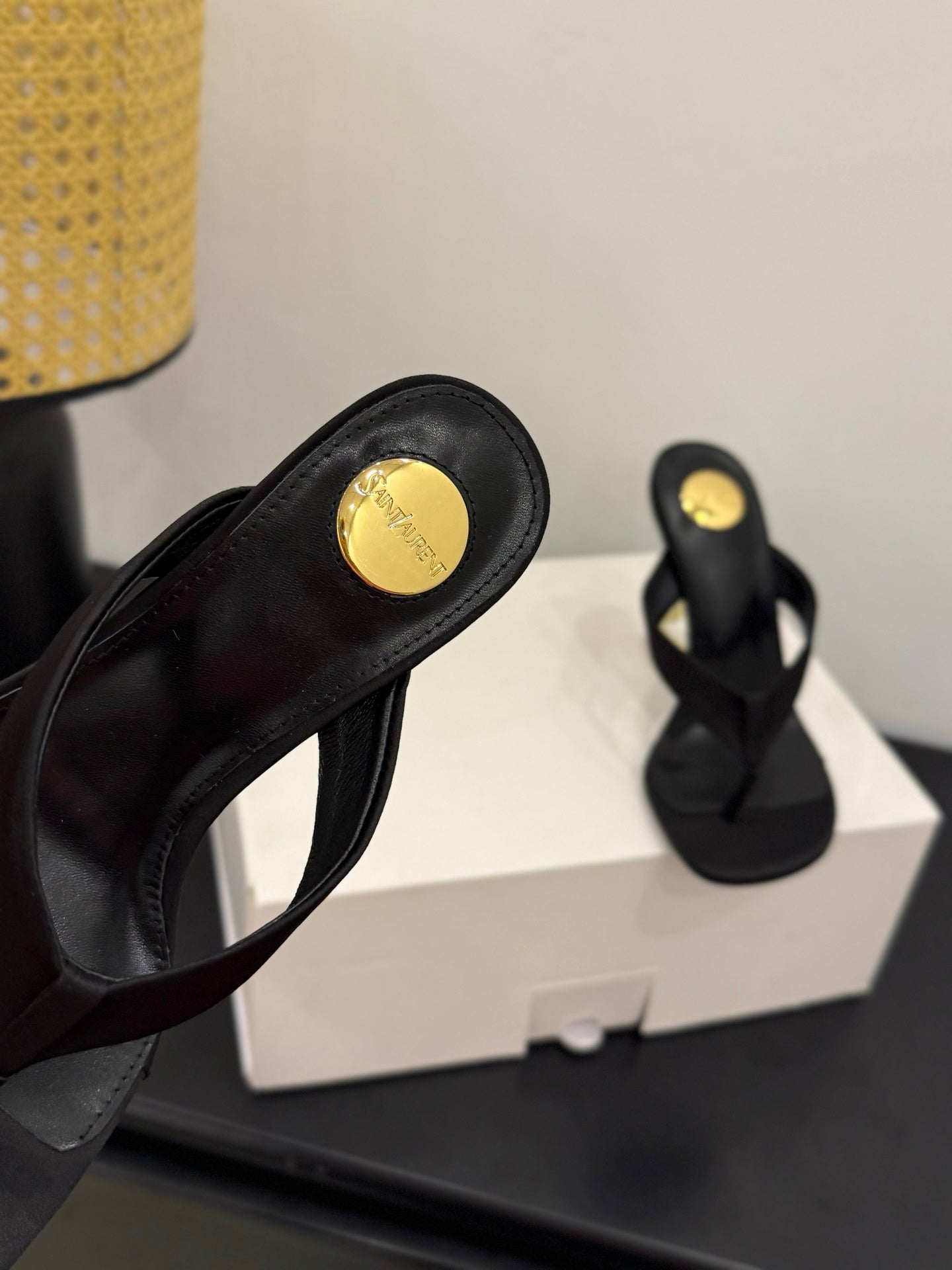 YSL 26S TOE-POST HIGH HEEL SANDALS IN BLACK SATIN