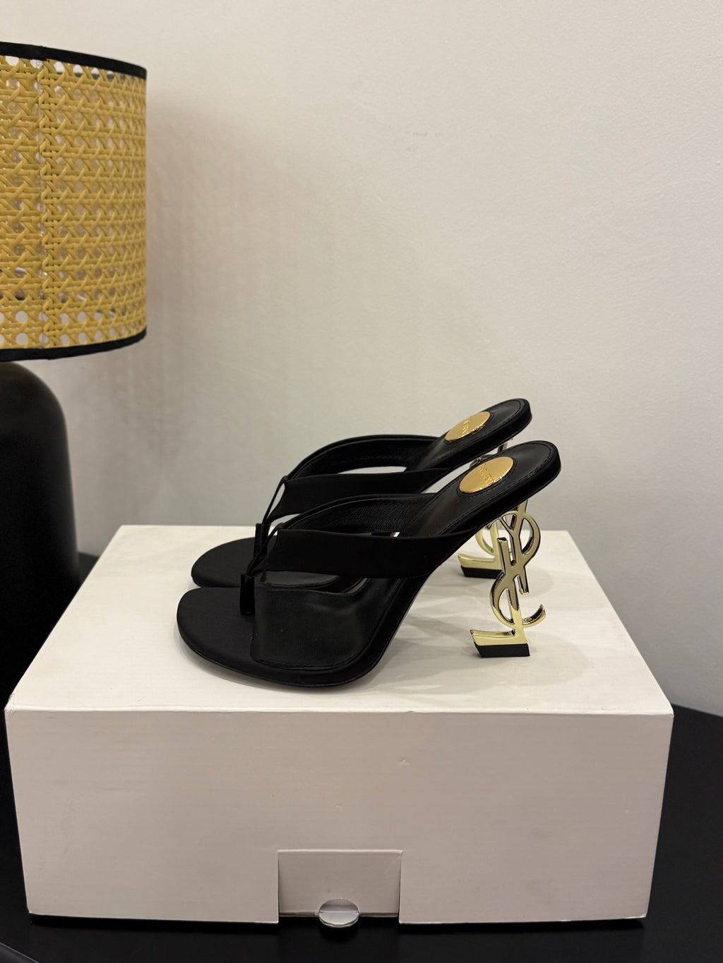 YSL 26S TOE-POST HIGH HEEL SANDALS IN BLACK SATIN