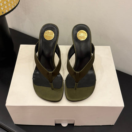YSL 26S TOE-POST HIGH HEEL SANDALS IN MOSS GREEN SATIN