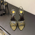YSL 26S HIGH-HEELED SANDALS 105 MM IN MOSS GREEN SATIN