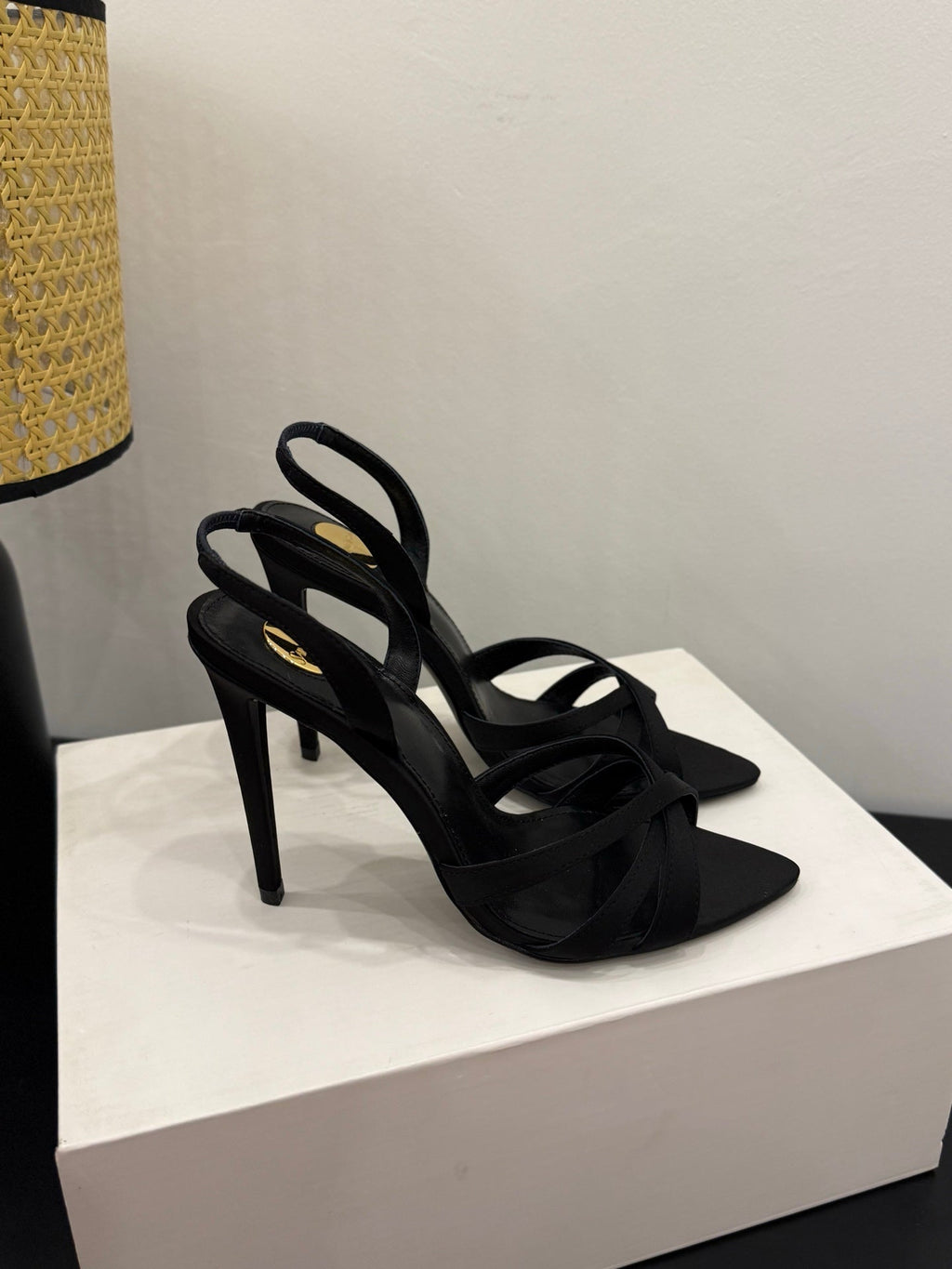 YSL 26S HIGH-HEELED SANDALS 105 MM IN BLACK SATIN